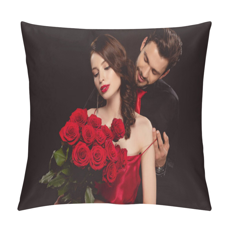 Personality  Elegant Man Taking Off Dress From Girlfriend With Red Roses Isolated On Black Pillow Covers