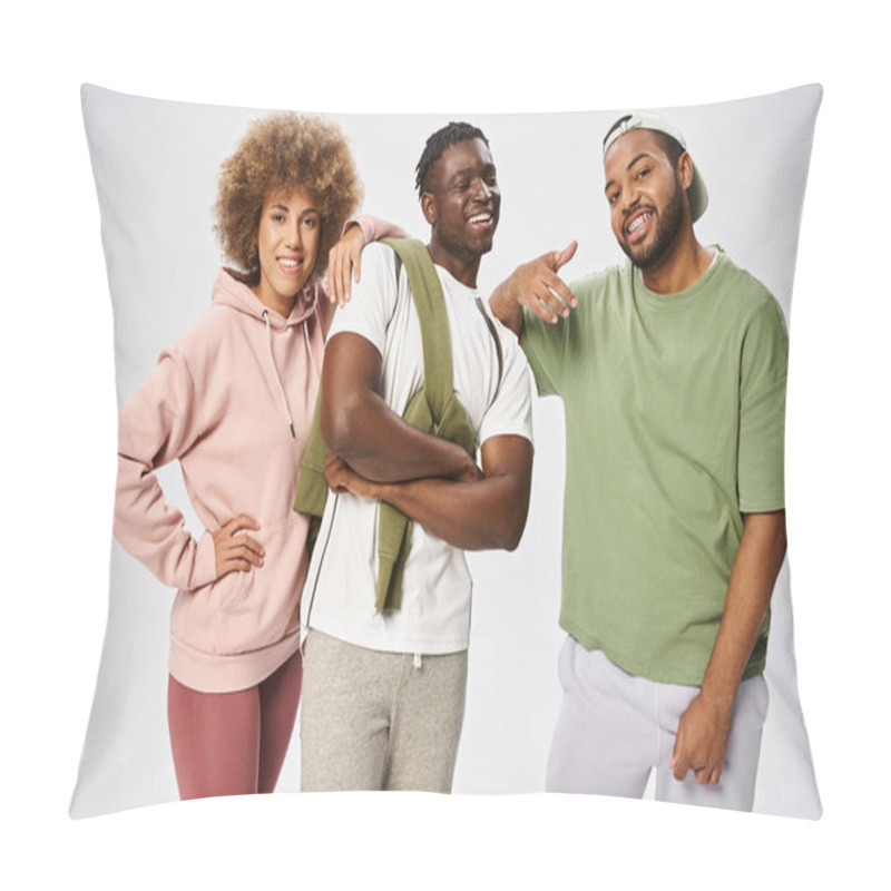 Personality  Positive African American Friends Posing Together On Grey Background, Juneteenth Celebration Pillow Covers