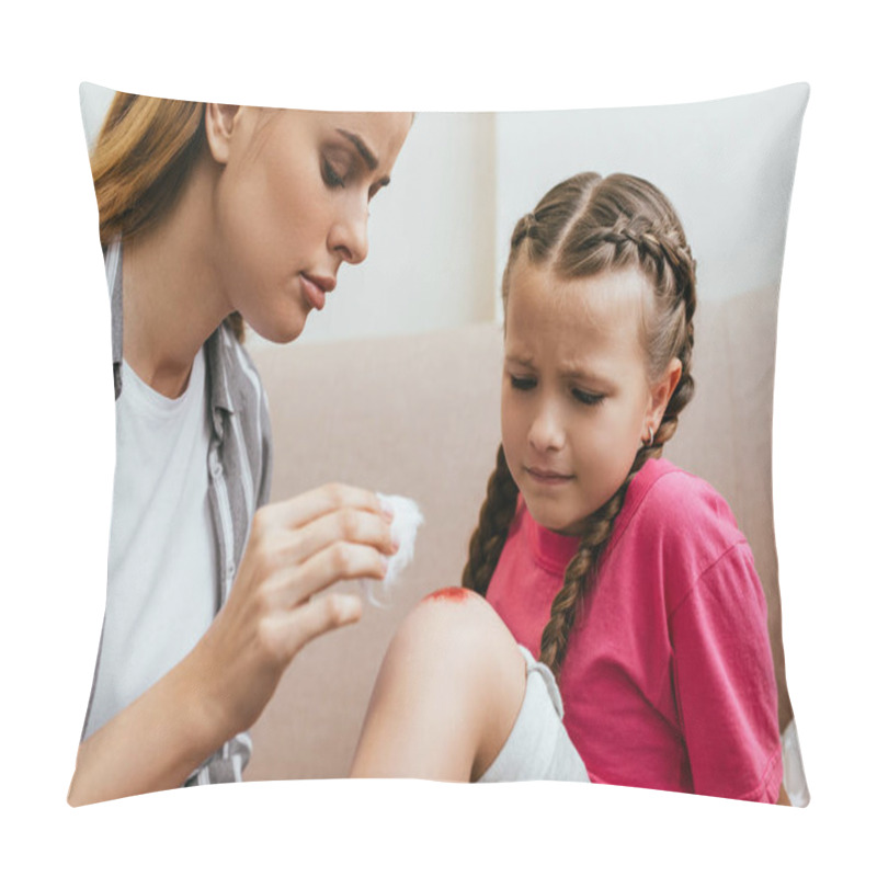 Personality  Mother Holding Antiseptic Cotton Near Wound On Knee Of Sad Daughter Pillow Covers