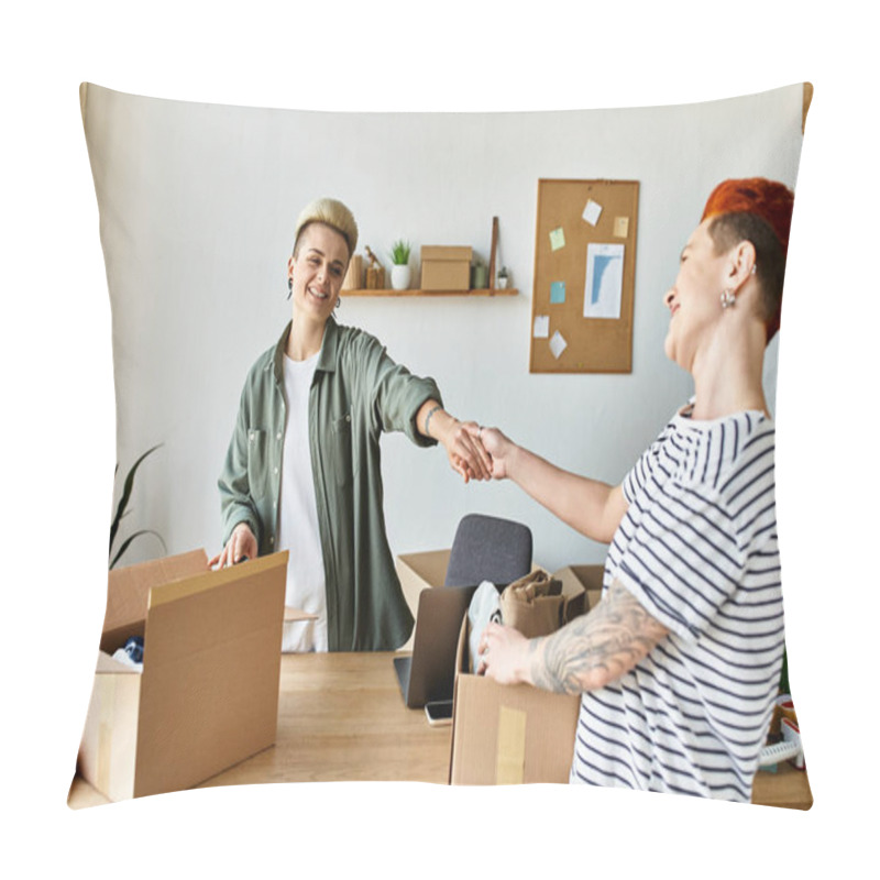 Personality  Two Women Shake Hands In A Room Filled With Donation Boxes, United In Their Charitable Efforts. Pillow Covers