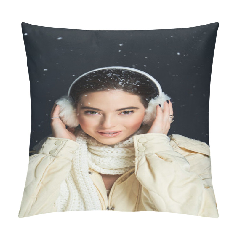 Personality  A Woman Embraces The Winter Season, Smiling As Soft Snowflakes Gently Fall Around Her. Pillow Covers