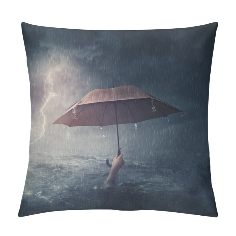 Personality  Human Hand Holding An Umbrella Sinking In The Ocean. Surreal And Dramatic Scene Of Person Drowning In The Sea Waters Under The Storm. Business Despair And Failure Metaphor. Crisis Problems Concept Pillow Covers