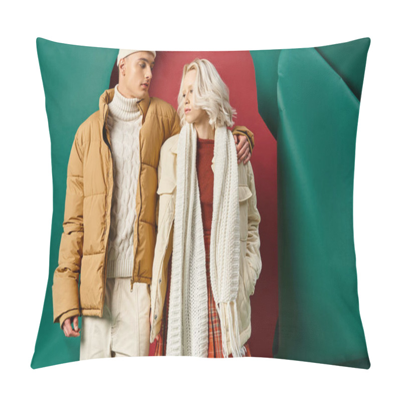 Personality  Young Man In Beanie Hugging Attractive Woman In Winter Outerwear On Red With Turquoise Backdrop Pillow Covers