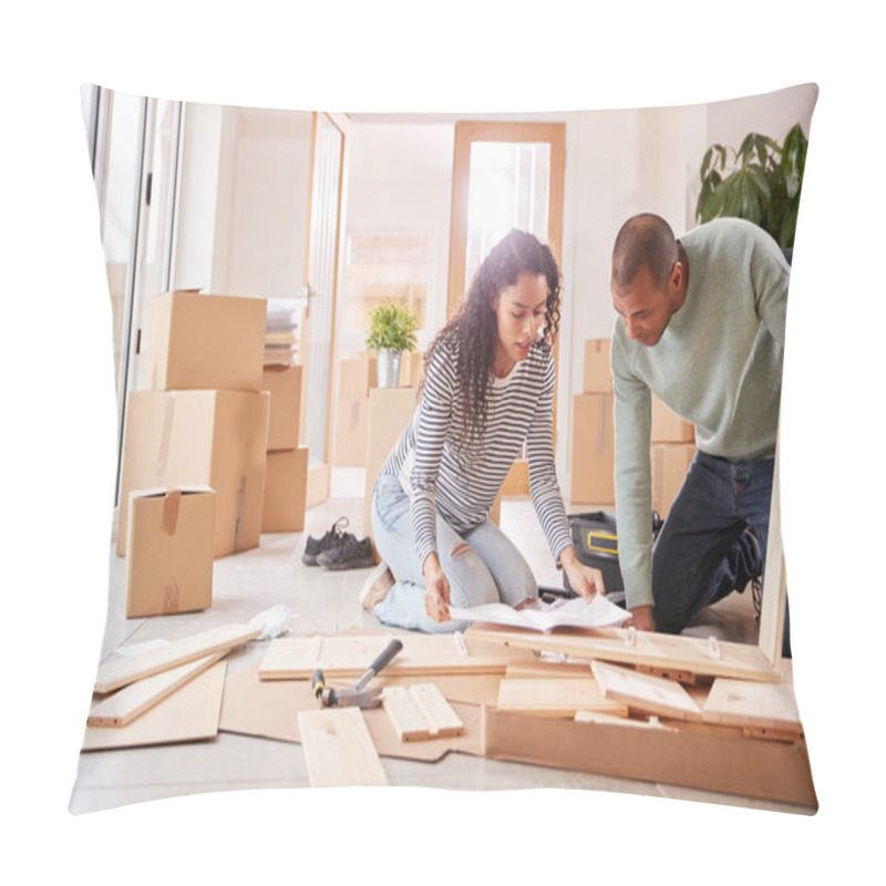 Personality  Couple In New Home On Moving Day Putting Together Self Assembly Furniture Pillow Covers