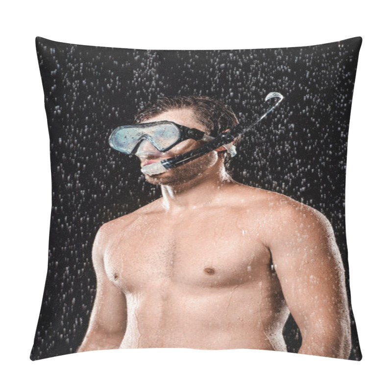 Personality  Portrait Of Shirtless Man In Swimming Mask With Snorkel Standing Under Water Drops Isolated On Black Pillow Covers