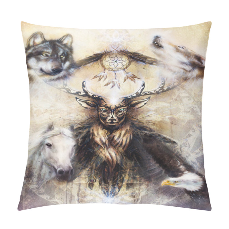 Personality  Sacred Ornamental Deer Spirit With Dream Catcher Symbol And Animals. Pillow Covers