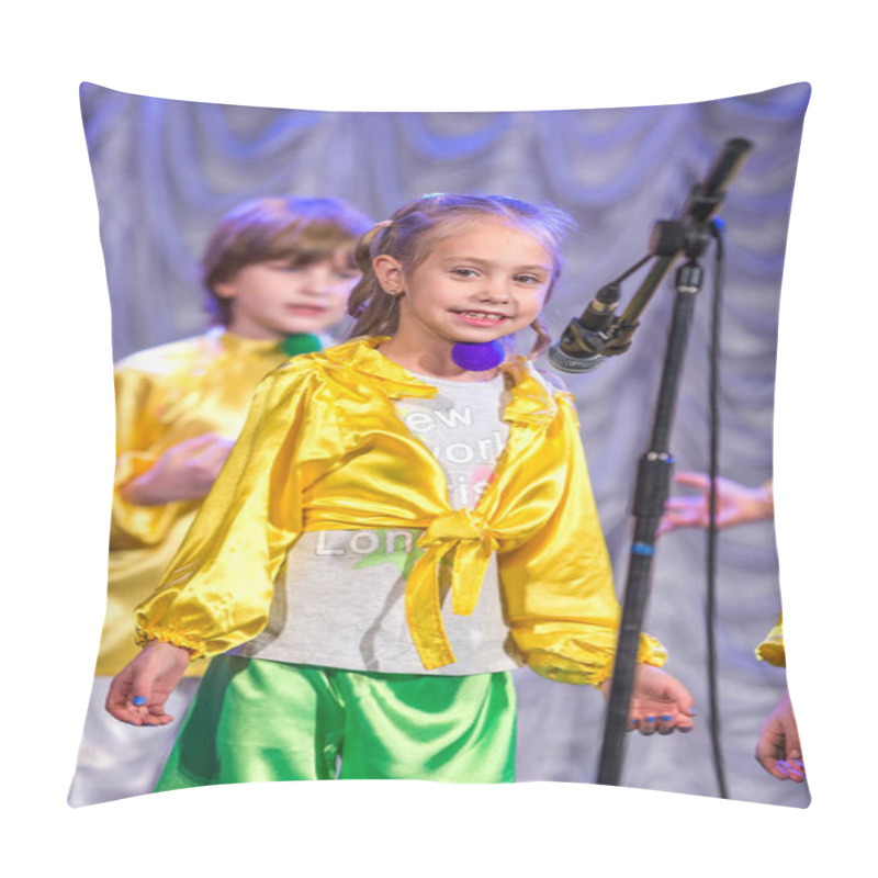 Personality  Odessa, Ukraine - December 24, 2015: Children's Musical Groups Singing And Dancing On Stage In Bright Colorful Clothes. Emotional, Touching Children's Musical Stage Show. Pillow Covers