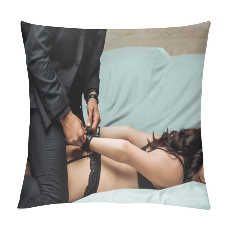 Personality  Cropped View Of Man In Suit Wearing Leather Handcuffs On Sexy Woman On Bed  Pillow Covers