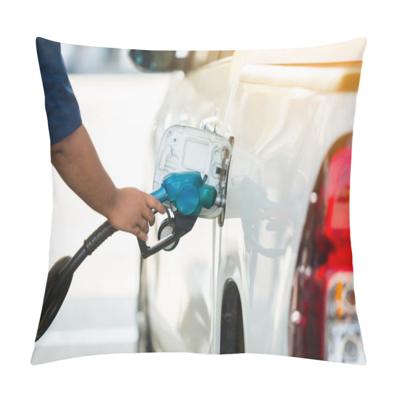 Personality  Hand Refilling The White Pickup Truck With Fuel At The Gas Station. Oil And Gas Energy. Pillow Covers