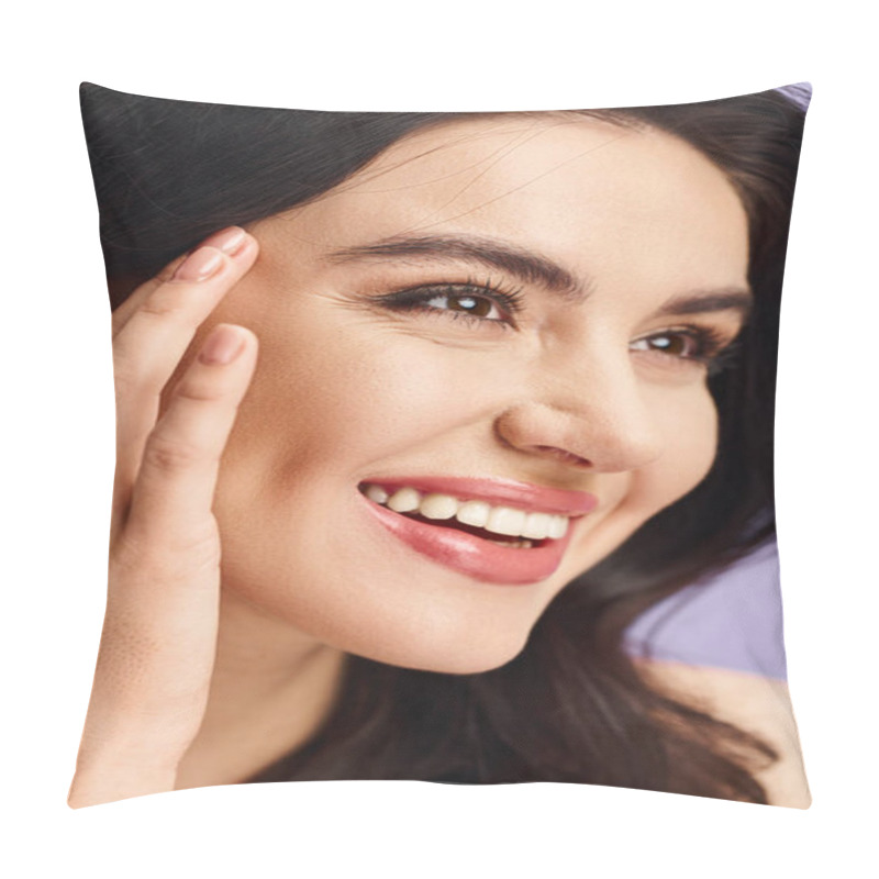 Personality  A Woman With A Beaming Smile Adds The Finishing Touches To Her Makeup Routine. Pillow Covers