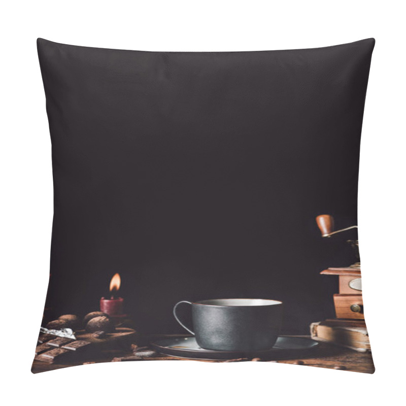 Personality  Close Up Image Of Cup Of Coffee At Wooden Table With Chocolate, Truffles,coffee Grains And Candles On Black Background  Pillow Covers