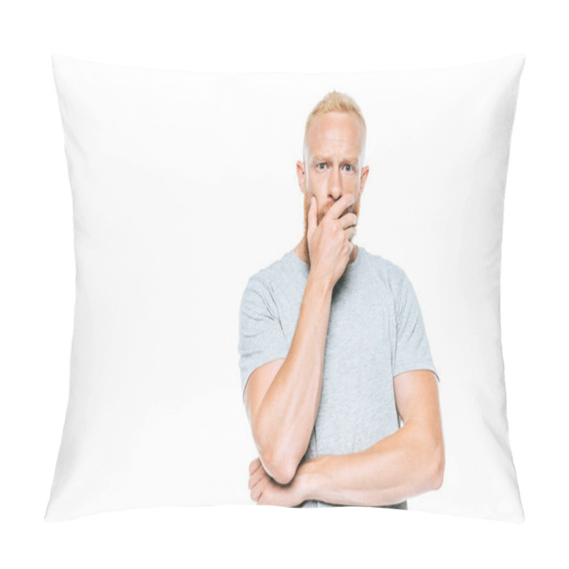 Personality  Handsome Worried Bearded Man In Grey T-shirt, Isolated On White Pillow Covers