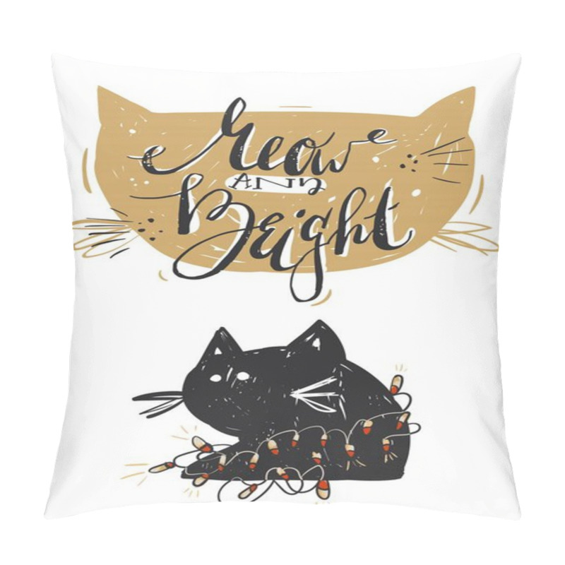 Personality  Hand Drawn Vector Abstract Merry Christmas Greeting Card Template With Cute Black Cat Character In Garland And Modern Calligraphy Phase Meow And Bright.Christmas Poster,sign,postcard,decoration Pillow Covers