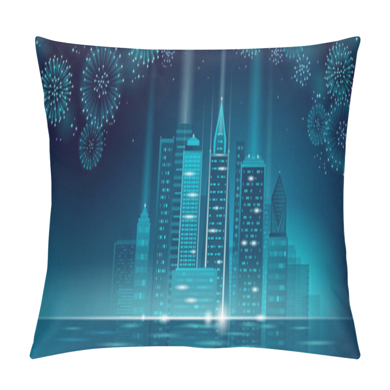 Personality  Modern Skyscraper Holiday Christmas Cityscape. New Year 3D Polygonal Point Line Dark Blue Night Sky Eve Greeting Card Template. Glowing Light Party City Silhouette Vector Illustration Pillow Covers