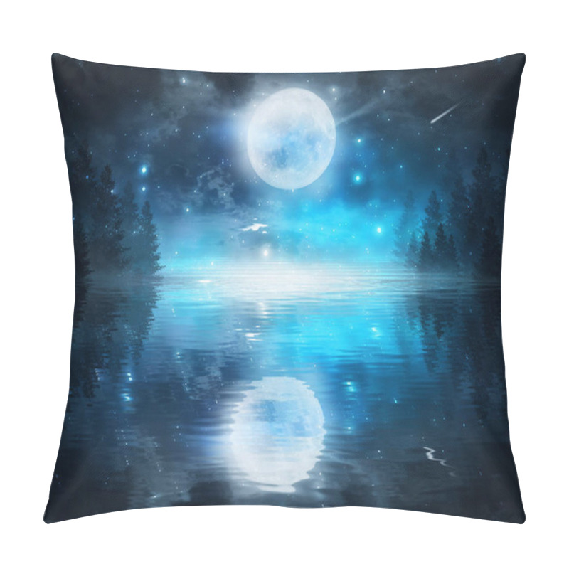 Personality  Dark Cold Landscape With A River. Winter Background Reflected On The Moonlight Water. Dramatic Scene, Smoke, Smog, Fog, Snow. 3D Illustration. Pillow Covers