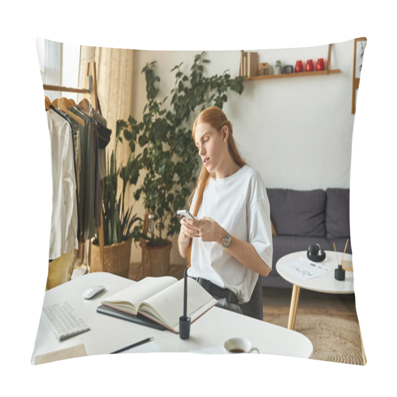 Personality  A Young Man Focuses On His Smartphone While Surrounded By Artistic Elements And Greenery. Pillow Covers