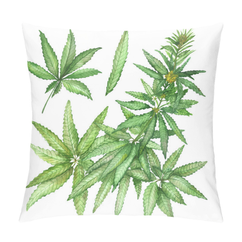 Personality  Watercolor Hand Painted Nature Collection With Green Hemp Marijuana Weed Herbs Plants Leaves, Branches And Flowers Set Isolated On The White Background For Different Design Elements Pillow Covers