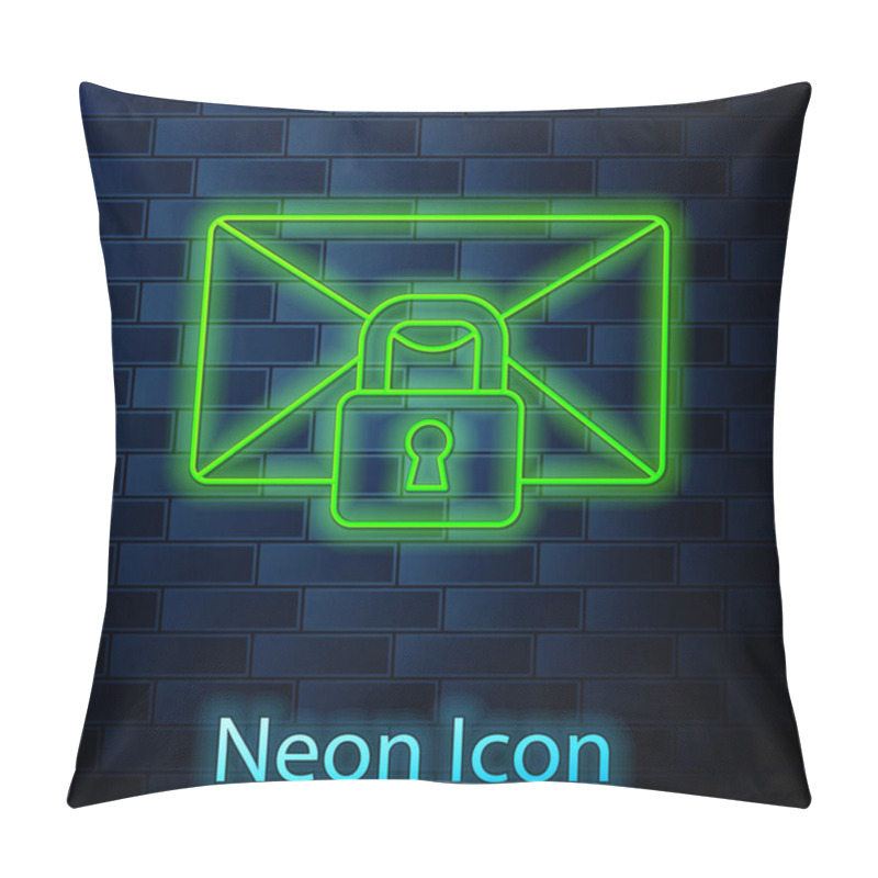 Personality  Glowing Neon Line Mail Message Lock Password Icon Isolated On Brick Wall Background. Envelope With Padlock. Private, Security, Secure, Protection, Privacy.  Vector. Pillow Covers