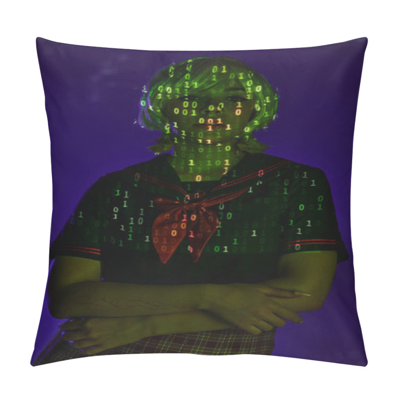 Personality  Young Female Student In Neon Programming Code Projection On Blue Backdrop, Cosplay Character Pillow Covers