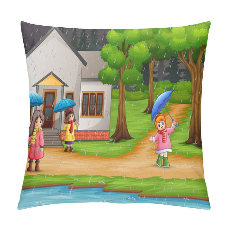 Personality  Cartoon Three Girl Carrying Umbrella Under The Rain Pillow Covers