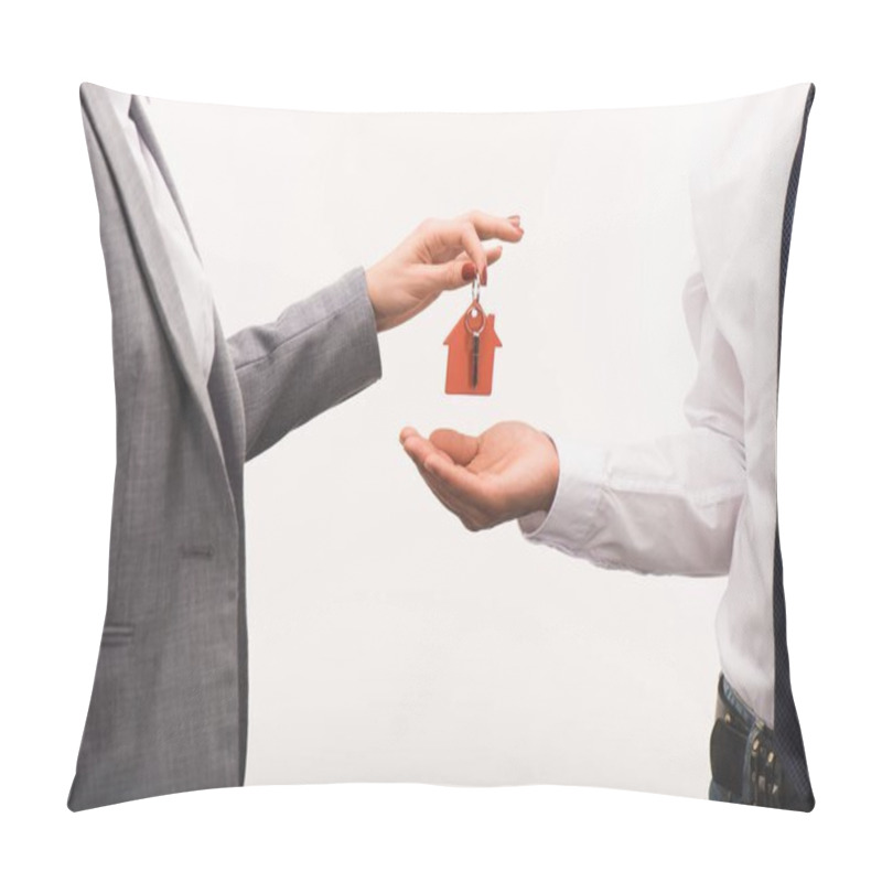 Personality  Cropped Image Of Woman Giving Key From House To Man Isolated On White Pillow Covers