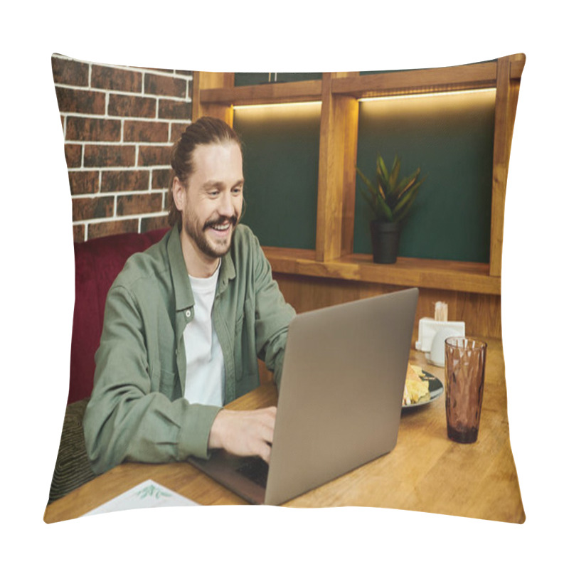 Personality  A Man Intensely Focused, Uses A Laptop At A Table In A Modern Cafe. Pillow Covers