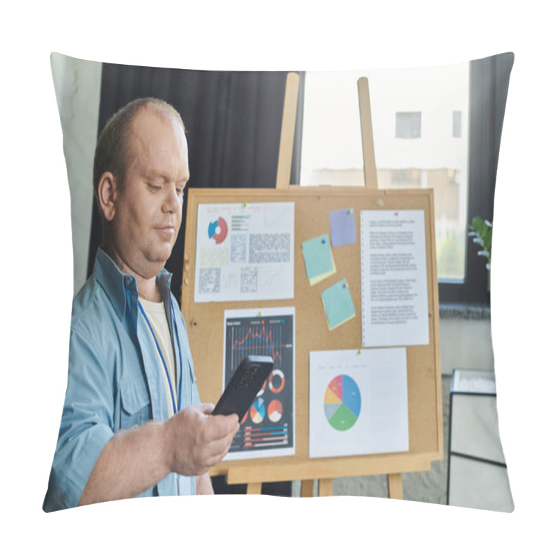 Personality  A Man With Inclusivity Looks At His Phone While Standing Near A Bulletin Board With Graphs And Notes. Pillow Covers