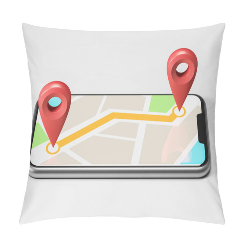 Personality  Schematic Bright Map With Two Large Red Pointers Showing The Route And Destination Point On A Smartphone Screen. Concept Of Navigation, Finding Your Goal And GPS Tracking. 3d Rendering Mock Up Pillow Covers