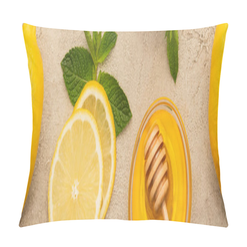 Personality  Top View Of Yellow Lemons With Mint Green Leaves And Honey On Beige Concrete Surface, Panoramic Shot Pillow Covers