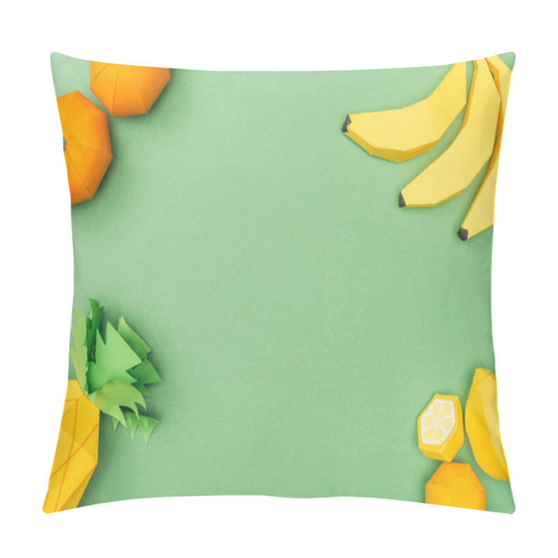 Personality  Top View Of Handmade Paper Bananas, Lemons, Tangerines And Pineapple Isolated On Green  Pillow Covers