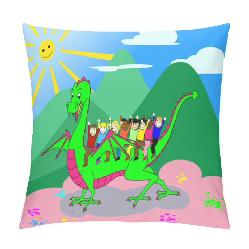 Personality  Happy Children Are Riding A Green Funny Dragon. Useful As Greeting Card Or Invitation To Parties And Birthdays. Happiness, Joyful, Friendship Concept. Jpeg With Clipping Path. Pillow Covers