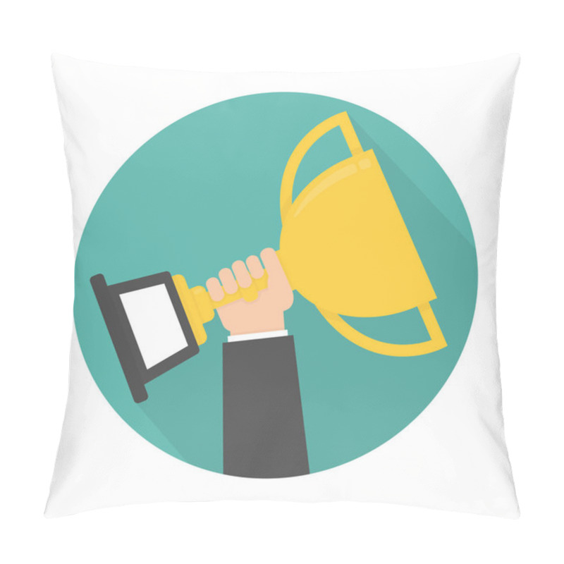 Personality  Hand Holding And Rising Up Golden Trophy Icon. Circle Shaped With Long Shadow Pillow Covers