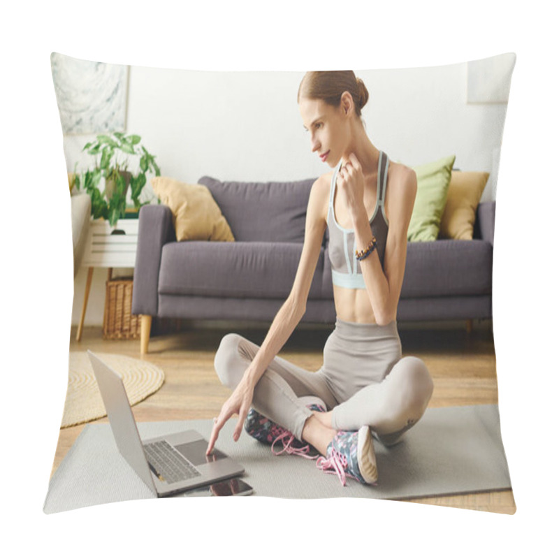 Personality  A Young Woman With Anorexia Exercises In Her Living Room, Focused On Her Workout Routine While Using A Laptop. Pillow Covers