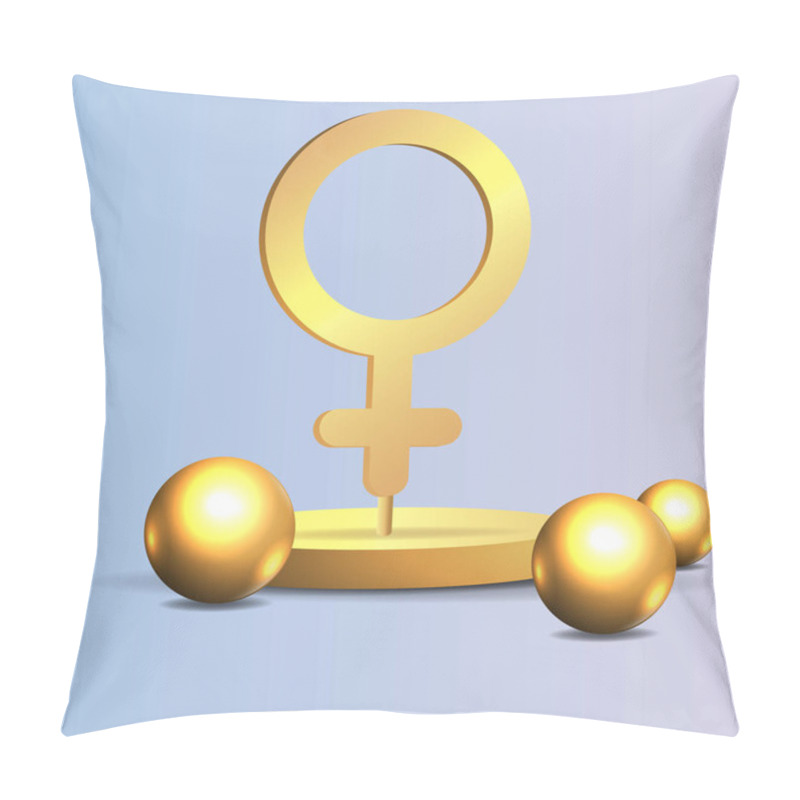 Personality  3d Golden Realistic Gender Women Symbol, With Flying Geometric Figures Creative Design Of Female Metallic Sign. Vector Illustration Pillow Covers