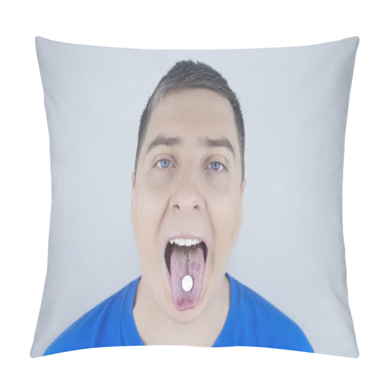 Personality  Oral Probiotics. A Man Puts A Pill With Beneficial Bacteria On His Tongue. Dysbacteriosis And Imbalance Of Beneficial And Harmful Microorganisms In The Mouth. Increase Immunity And Improve Health. Pillow Covers