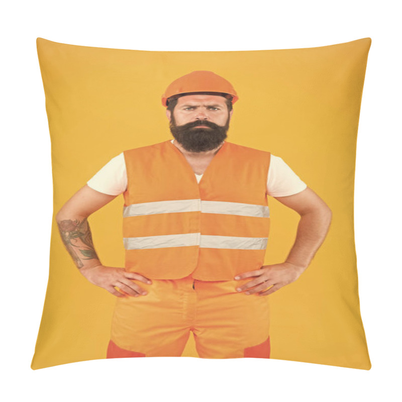 Personality  Safety Apparel For Construction Industry. Bearded Brutal Hipster Safety Engineer. Man Engineer Protective Uniform Orange Background. Engineering Career Concept. Architect Builder Engineer. Labor Day Pillow Covers