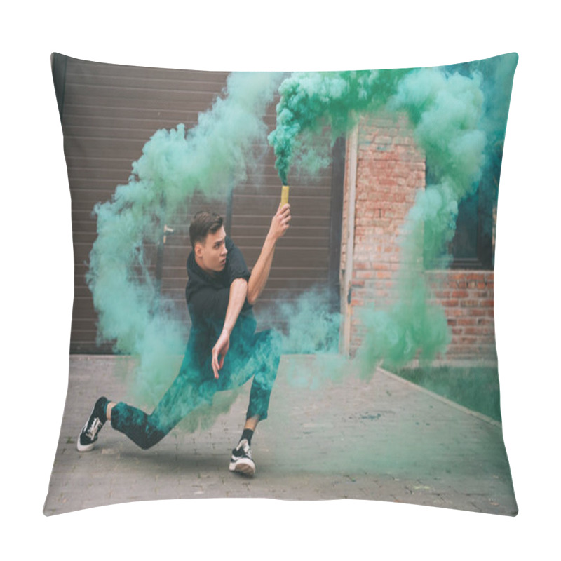 Personality  Handsome Young Man Dancing In Green Smoke On Urban City Street  Pillow Covers