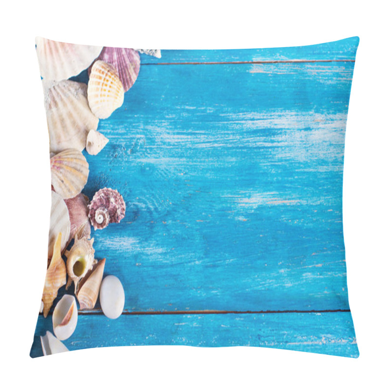 Personality  Shells On The Old Blue Wooden Boards. Pillow Covers