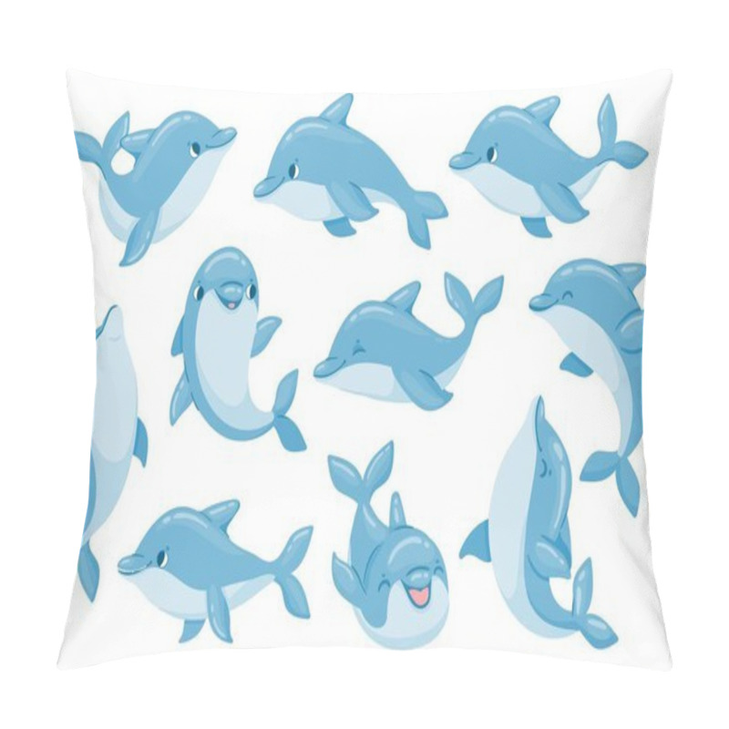 Personality  Dolphin Characters. Funny Dolphins Jump And Swim Poses. Oceanarium Show Mascot Underwater Animal. Cartoon Bottlenose Baby Dolphin Vector Set Pillow Covers