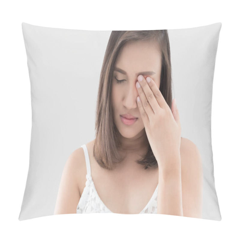 Personality  Asian Woman Suffering From Strong Eye Pain Against Gray Background. Female Has A Pain In The Eye. Healthcare Concept. Having Migraine Pillow Covers