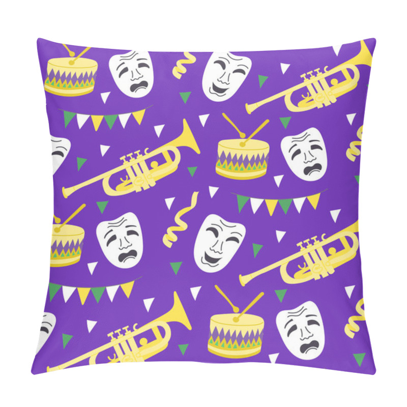 Personality  Seamless Mardi Gras Pattern With Comedy And Tragedy Masks, Drums, Trumpets, Streamers, And Colorful Bunting On A Vibrant Purple Background Pillow Covers