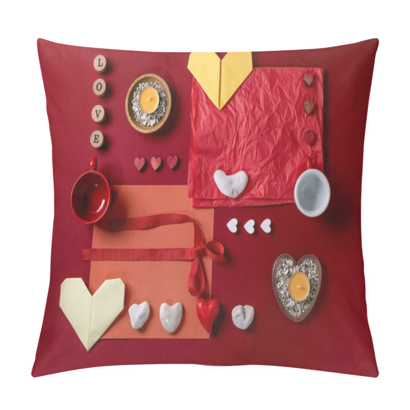 Personality  Valentine's Day Flat Lay Creative Design, Love Concept, Dark Red Background, Origami Paper Hearts, Stone And Wooden Hearts, Yellow Candles, Two Coffee Cups, Love Sign, Red Paper, Geometric Shapes. Pillow Covers