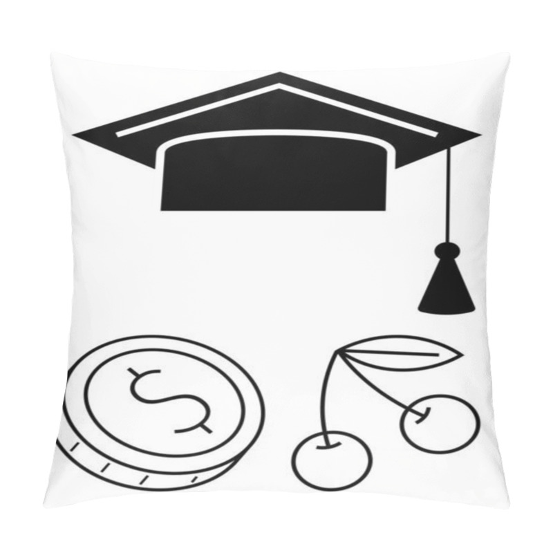 Personality  A Black Mortarboard Hat With A Tassel, A Coin With A Dollar Symbol, And A Pair Of Cherries. Ideal For Education, Finance, Nutrition, Success, Growth Well-being And Financial Planning Themes. Line Pillow Covers