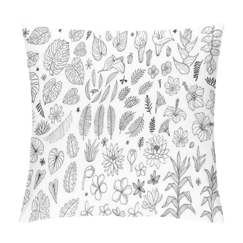 Personality  Set Of Abstract Tropical Plants, Flowers, Leaves. Vector Design Isolated Elements. Wildlife Sketch Black Floral Jungle. Rainforest White Background Vector Illustration Pillow Covers