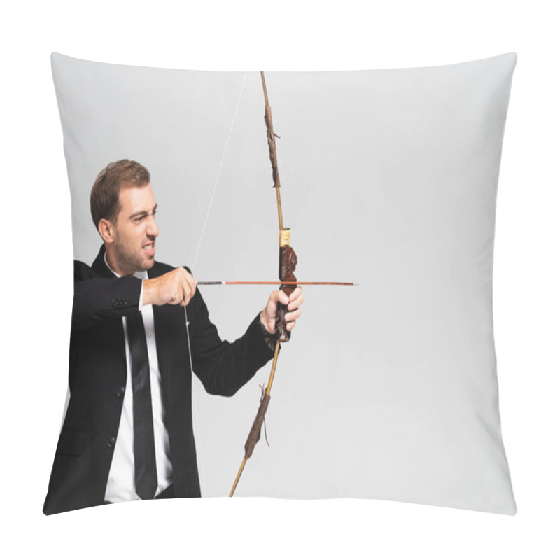 Personality  Angry Businessman In Suit Holding Bow And Shooting With Arrow Isolated On Grey Pillow Covers