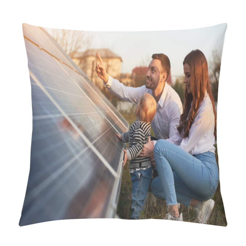 Personality  Side View Shot Of A Young Modern Family With A Little Baby Boy Getting Acquainted With Solar Panel On A Sunny Day, Green Alternative Energy Concept Pillow Covers