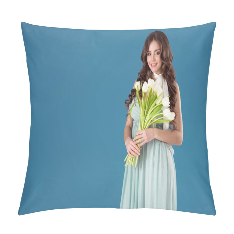 Personality  Happy Girl In Dress With Bouquet Of Tulips Looking At Camera Isolated On Blue Pillow Covers