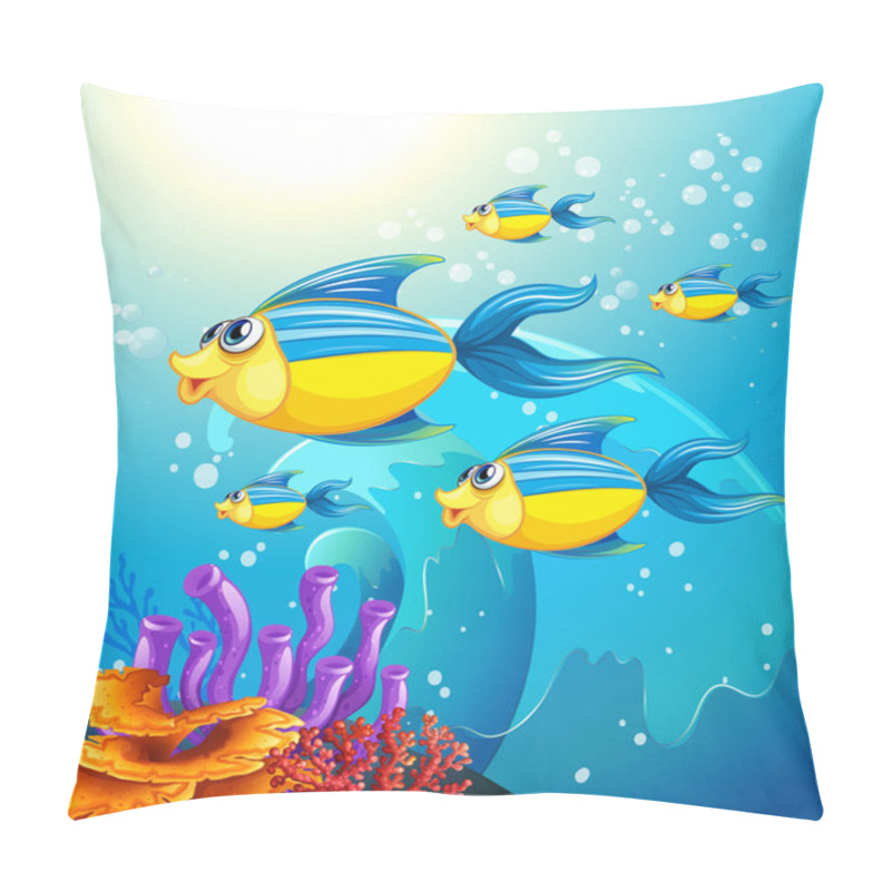 Personality  Many Exotic Fishes Cartoon Character In The Underwater Background Illustration Pillow Covers