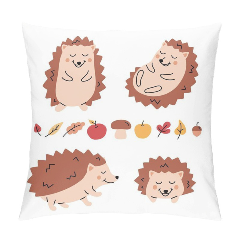 Personality  Vector Set Of Cartoon Funny Brown Hedgehogs With Apples, Mashrooms, Autumn Leaves. Cute Illustration Isolated On A White Background.  Pillow Covers