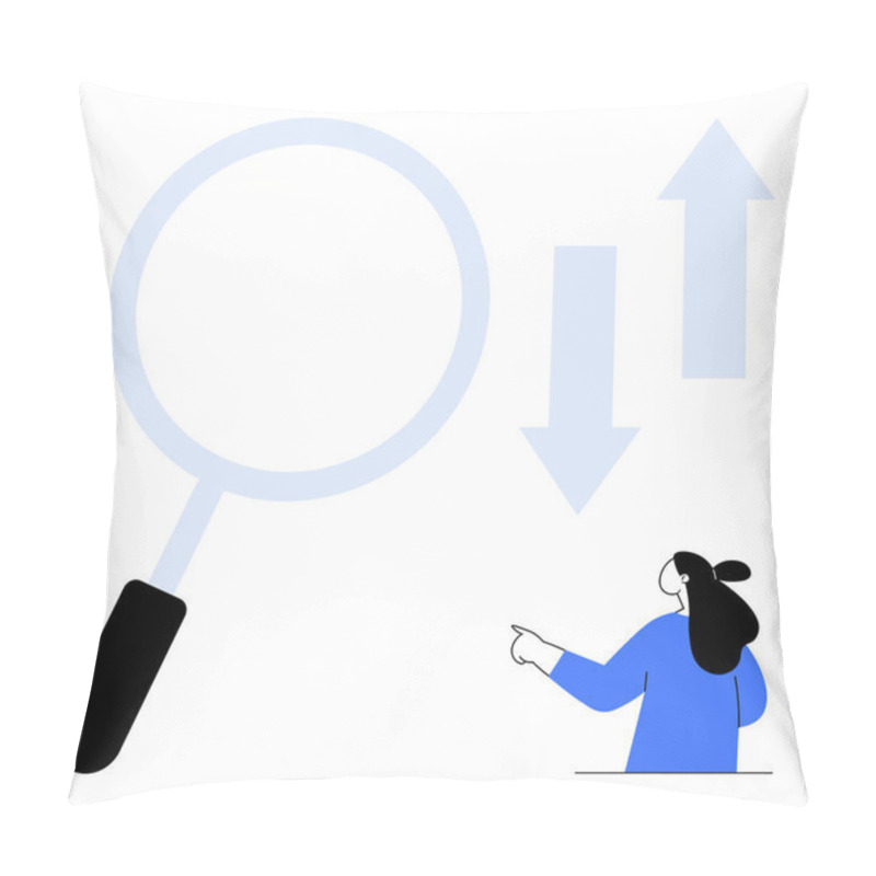 Personality  Large Magnifying Glass With Two Arrows, One Pointing Up And One Down, And A Person Pointing Upwards. Ideal For Business Analysis, Research, Progress, Decision Making, And Data Trends. Minimalist Pillow Covers